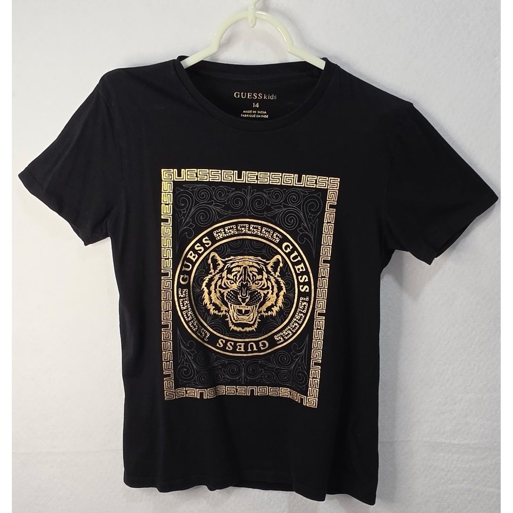 Guess Kids Boys Black Cotton Gold Metallic Tiger Graphic T-Shirt Size 14 L